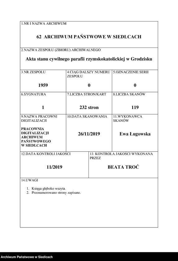image.from.unit.number "Unikat aktów stanu cywilnego zaślubionych Parafii Grodzisk od 1919 roku do 1937 roku"