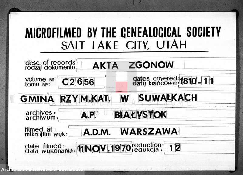 Obraz 1 z jednostki "Księga aktu umarłych gminy suwalskiey, powiatu dąbrowskiego, departamentu łomżyńskiego na rok 1810 1 maja po 1 maja 1811"