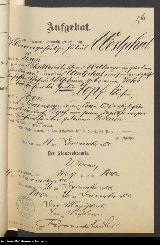 Obraz 18 z jednostki "Die von den Verlobten beigebrachten Urkunden zur Eheschliessung pro 1901. Vol I"