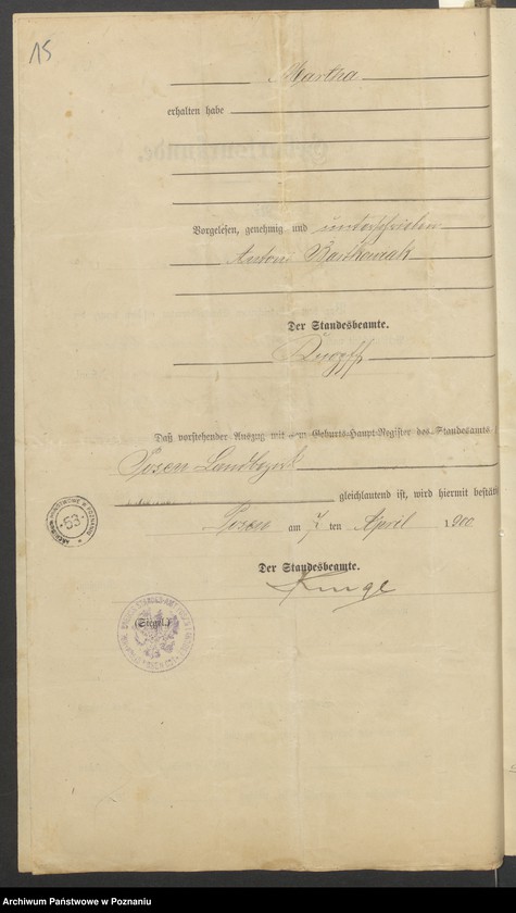 Obraz 17 z jednostki "Die von den Verlobten beigebrachten Urkunden zur Eheschliessung pro 1901. Vol XV"