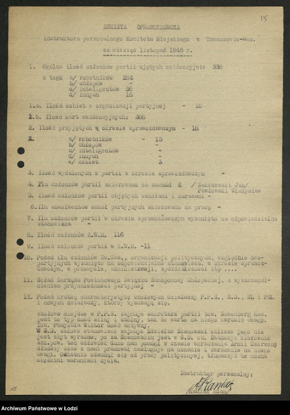 Obraz 16 z jednostki "Ankiety sprawozdawcze instruktora Komitetu Miejskiego Tomaszów Mazowiecki [z załącznikami]"