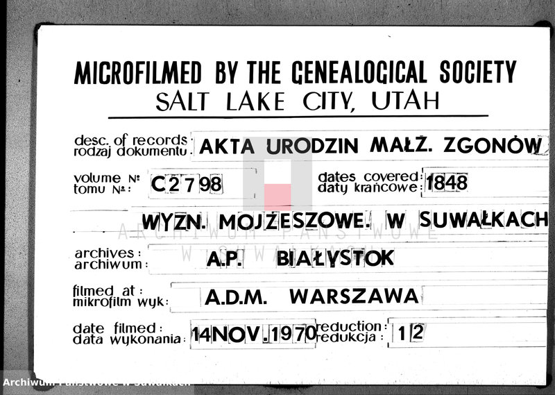 image.from.unit.number "Duplikat. Akta Urzędnika Stanu Cwilnego Wyznań Niechrześcijańskich Okręgu Suwalskiego i Jeleniewskiego Urodzonych, Zaślubionych i Zmarłych na rok 1848"