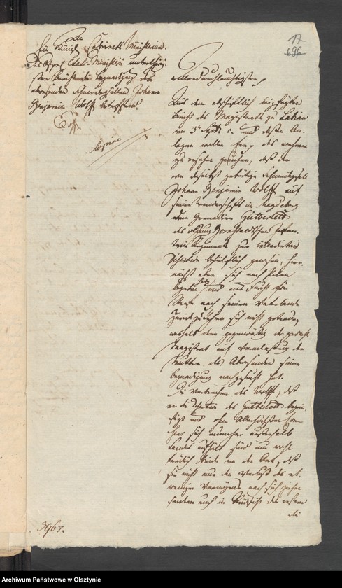 image.from.unit.number "In S. [Sachen] des Schmiede Geselle Johann Benjamin Woelff wegen seiner Abwesenheit"