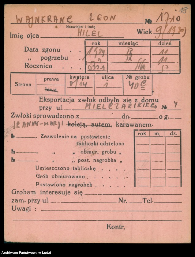 Obraz 19 z jednostki "Kartoteka osób pochowanych na cmentarzu żydowskim przy ulicy Brackiej w latach 1892-1958. Nazwiska na litery: Wajnh-Wajs"