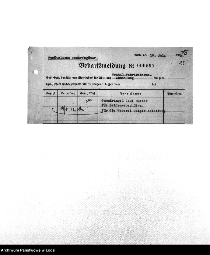 Obraz 18 z jednostki "Bedarfsmeldungen [Skierowane do GV zapotrzebowania na surowce, materiały, narzędzia, maszyny itp. potrzebne resortom pracy do produkcji; zamówienia żywności, lekarstw]"