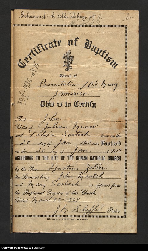 image.from.unit.number "Dokumenty Przedstawione do ślubnych aktów w roku 1926, Filipowskiej Rzymsko-Katolickiej parafji."