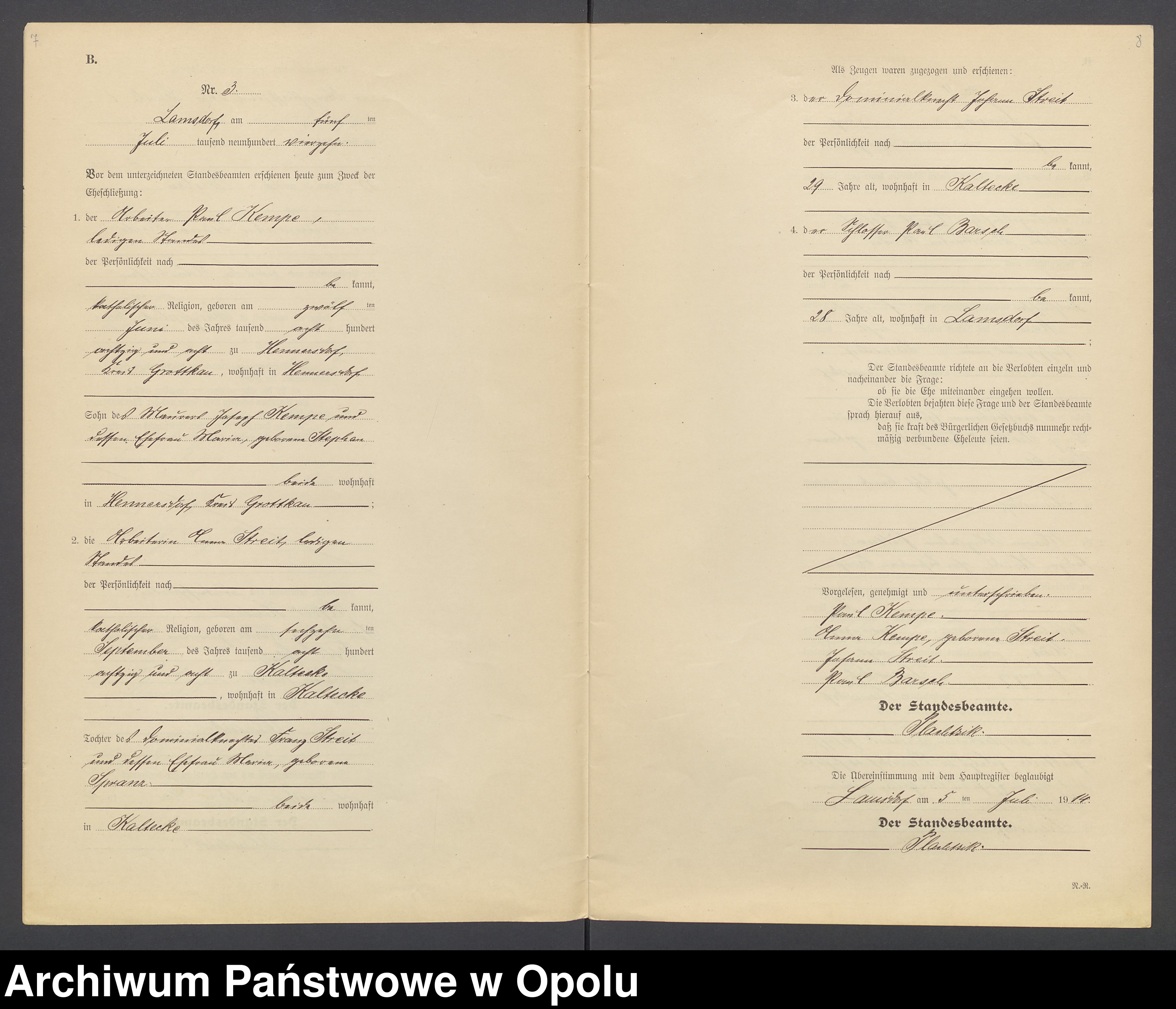 Skan z jednostki: Heirats-Register (Neben-Register) Standesamt Lamsdorf, Kreis Falkenberg O/S 1914 No. 1 bis 5.