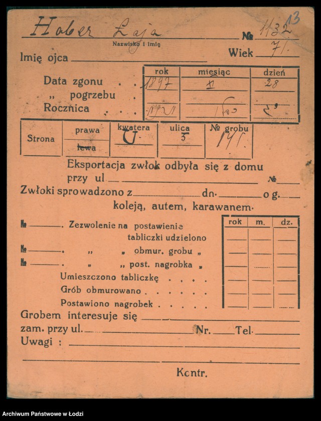 Obraz 14 z jednostki "Kartoteka osób pochowanych na cmentarzu żydowskim przy ulicy Brackiej w latach 1892-1961. Nazwiska na litery: Ha-Helme"