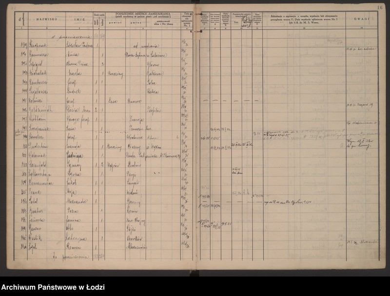 Obraz 19 z jednostki "Księga kontroli ruchu ludności (rejestr osób przybywających do gminy) Łódź, zameldowania pozaankietowe, komisariat V, nr 1-3871"