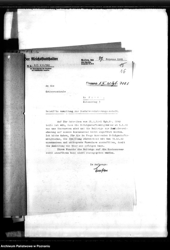 Obraz 20 z jednostki "Schriftwechsel mit der Reichsstalshalterei betr. die Gefolgschaftsmitglieder der Gräberzentrale"