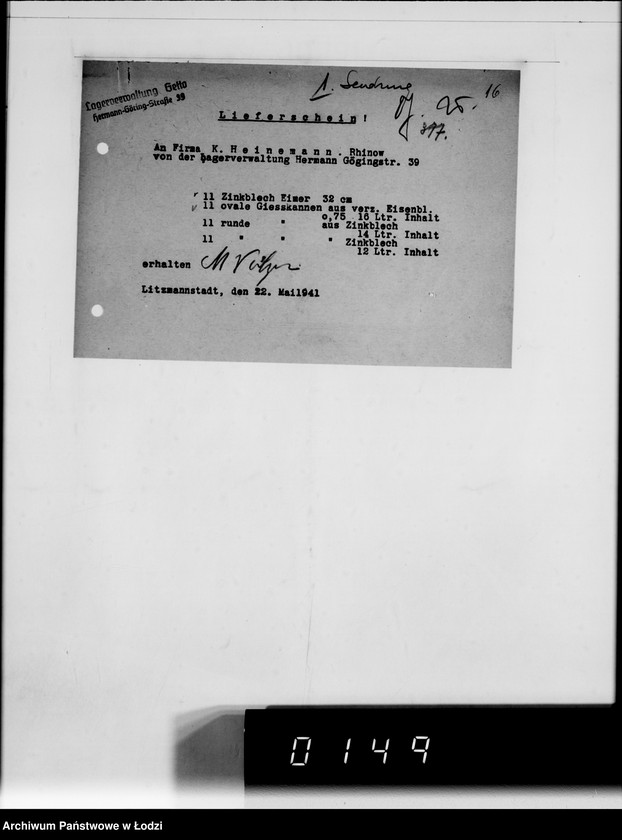 Obraz 19 z jednostki "Lager 39. Matratzen, Daunensteppdecken [Kwity i listy przesyłkowe]"