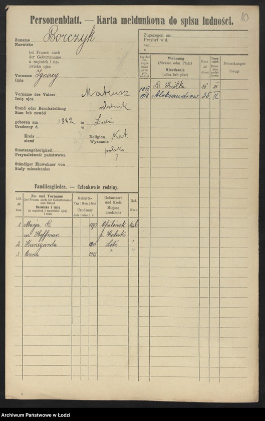 Obraz 12 z jednostki "[Spis ludności Łodzi] Borczuch - Borkowski"