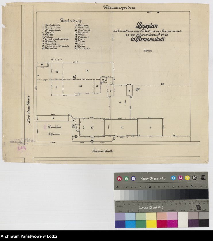 Obraz 1 z jednostki "Lageplan des Gründstückes und der Gebäude der Handwerkschule an der Askanierstrasse Nr 34-36 in Litzmannstadt"