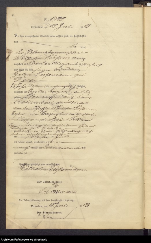 image.from.unit.number "Sterbe Neben Register Standesamt Breslau III 1903 Band 6"