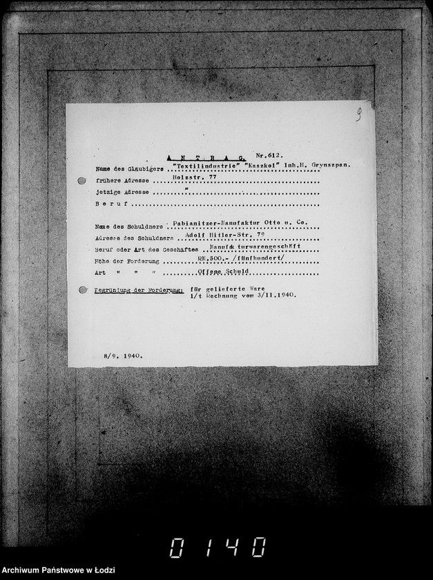 Obraz 13 z jednostki "J[uden] 611-625 [Wnioski Żydów z Getta o zwrot należności za pracę lub towar wzięty na kredyt]"