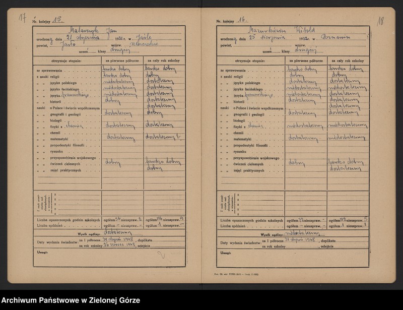 image.from.unit.number "Państwowe Gimnazjum i Liceum w Zielonej Górze -Katalog główny -klasa II b - rok szkolny 1947/1948"