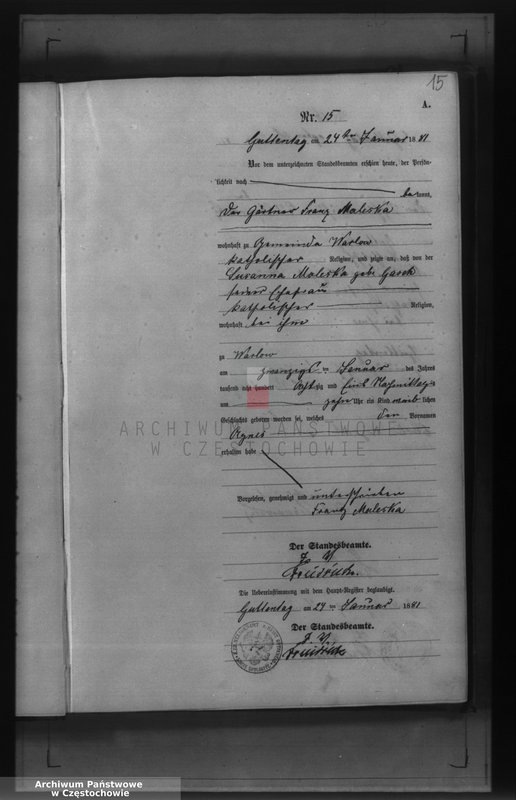image.from.unit.number "Geburts - Neben Register des Königlich Preussischen Standesamts Guttentag im Kreise Lublinitz pro 1881."