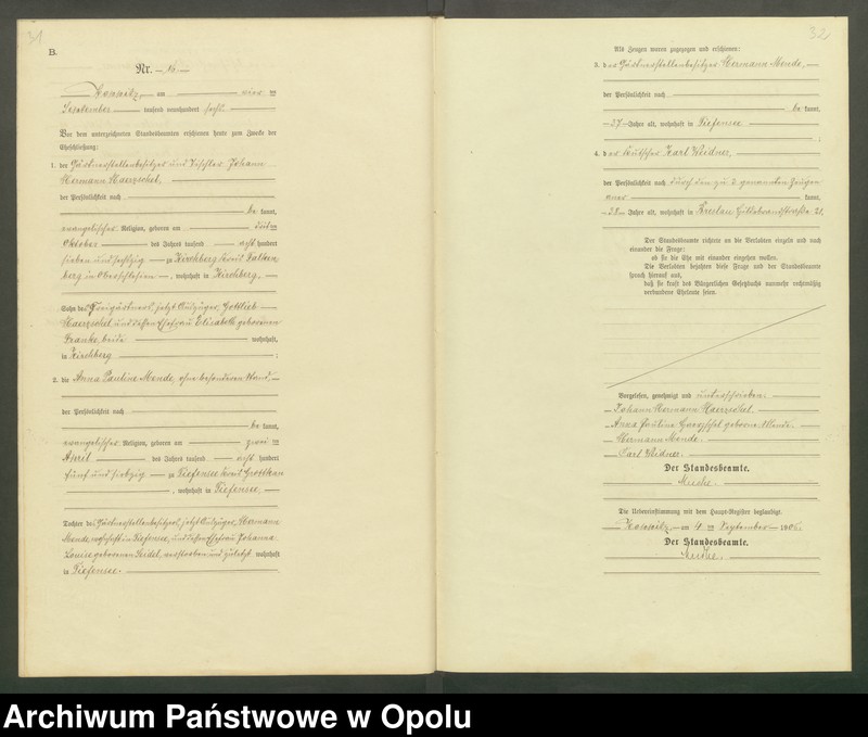 Obraz 19 z jednostki "Heiraths-Neben-Register Standesamts Koppitz pro 1906"