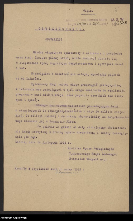 image.from.unit.number "Odpisy postanowień Tymczasowego Rządu Ludowego RP I. Daszyńskiego oraz dekrety przesłane do zatwierdzenia Naczelnikowi Państwa przez Radę Ministrów, pod przewodnictwem J. Moraczewskiego a następnie I. Paderewskiego."
