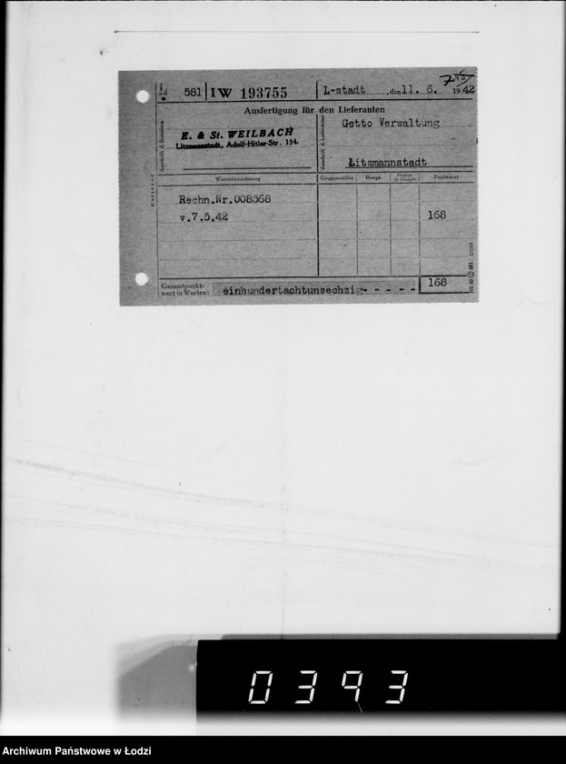 Obraz 11 z jednostki "F-ma St.Weilbach Litzmannstadt IV Warenverwertung an Lager 99"