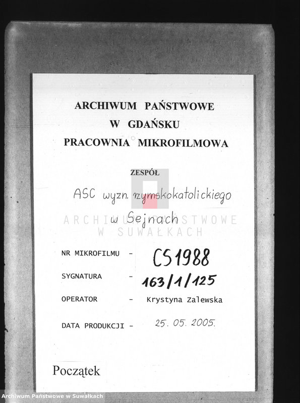 Obraz 1 z jednostki "[Księga akt urodzeń, małżeństw i zgonów wyznania rzymskokatolickiego parafii w Sejnach]."