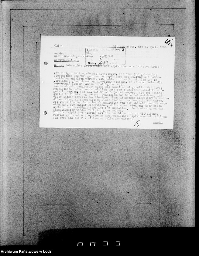 Obraz 11 z jednostki "Oberbürgermeister Litzmannstadt [Korespondencja i zamówienia na dostawę futer i materiałów]"