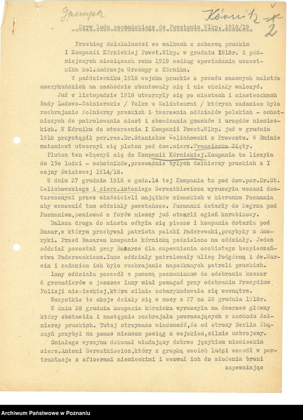 Obraz 11 z jednostki "Relacje i wspomnienia dotyczące powstania wielkopolskiego na terenie Kórnika - Bnina, powiat Śrem, województwo poznańskie."