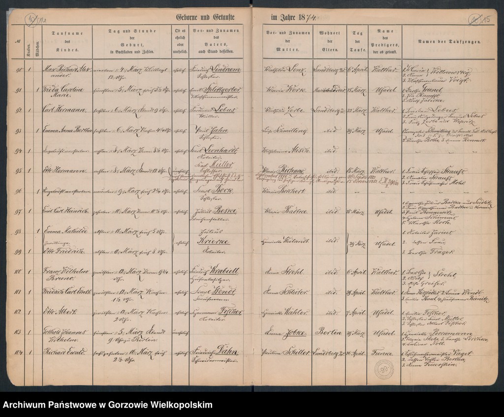 image.from.unit.number "Duplikate der Hauptkirche Landsberg an der Warthe (zawiera także Concordienkirchen-Gemeinde in Verbindung mit der reformirten und Militair-Gemeinde dotyczących zgonów w 1874 r.)"