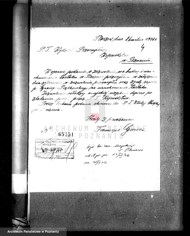 Obraz 8 z jednostki "Zatwierdzenie zakładu przemysłowego /tartak/ Fr. Góreckiego w Pleszewie pow. jarociński"