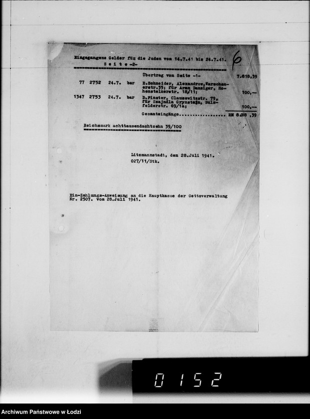 Obraz 10 z jednostki "Gutschriftsanzeigen für die Judengemeinschaft im Getto Litzmannstadt Nr 000001"