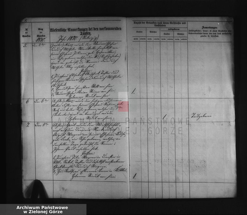 Obraz 7 z jednostki "Duplicat I. des Trau Register, II. des Tauf Register, III. des Sterbe Register pro 1870 bei der katholischen Pfarrkirche zu Beuthen a/Oder"