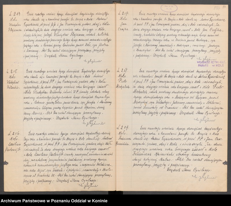 Obraz 10 z kolekcji "Akta zgonów zabitych i zmarłych ofiar bombardowania w Kole w dniu 2 września 1939 r.111"