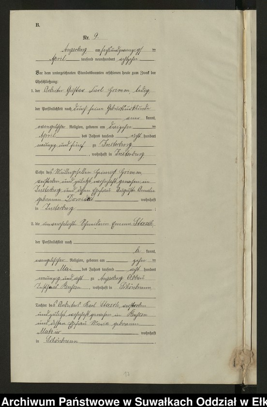 image.from.unit.number "B2. Heirats - Register (Neben - Register) Standesamt Angerburg einschl. der Bezirke Prinowen, Gr. Strengeln, Kehlen und Prinowen Kreis Angerburg"