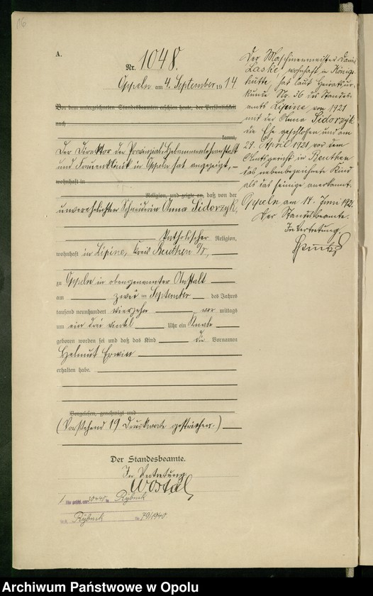 Obraz 20 z jednostki "Urząd Stanu Cywilnego Opole Księga Urodzeń Rok 1914 1034-1493"