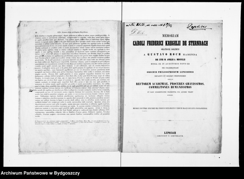 image.from.unit.number "Lateinische Urkunden Posener Städte. Hersg. von Heinrich Wuttke [1310-1425] - Memoriam Friderici Augusti Guilebmi Spotonii professoris olim lipsiensis Oratione de Gordianis Imperatoribus Romanis ab Aemilio Müllero pf. dr A.L.M habende die XXI M. Januarii A. 1861 ... Heinrich Wuttkie Specimen II Codicis Diplomatici Urbium Magni Ducatus Posnaniensie"