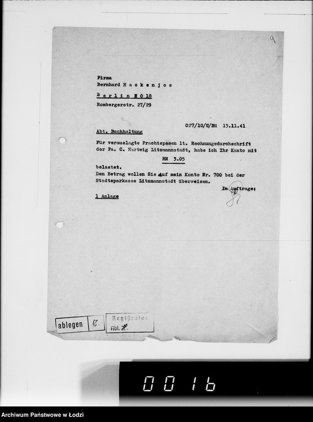 Obraz 14 z jednostki "[Korespondencja z urzędami, firmami i instytucjami] Lit.Ha-Hem."