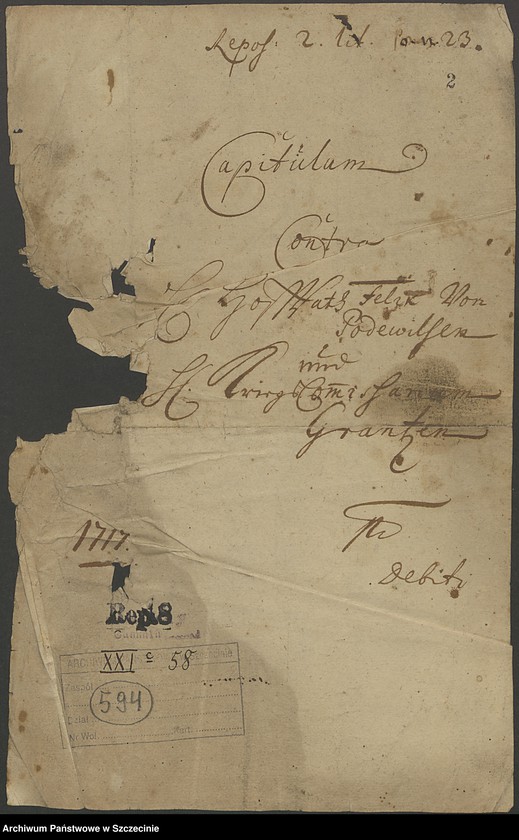 image.from.unit.number "Domkapitel contra Hofrat Felix v[on] Podevils und den Kriegskommissarius Paul Grantz in po debiti."