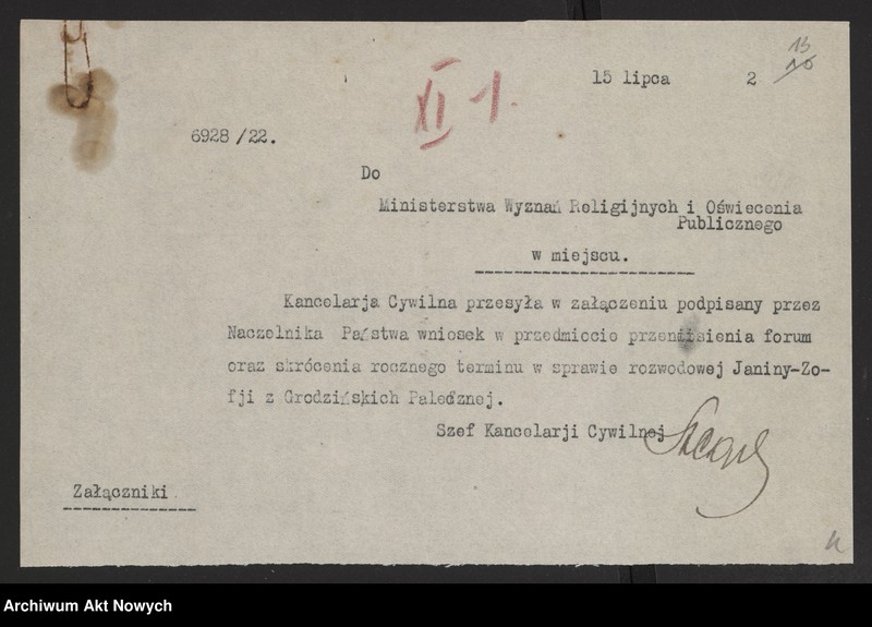 image.from.unit.number "Przeniesienie forum sądowego spraw rozwodowych do Sądów Konsystorskich Ewangelicko - Augsburskiego i Ewangelicko - Reformowanego oraz skrócenie rocznego terminu zapozwu w sprawach rozwodowych, rozpatrywanych przed najwyższymi sądami. Reskrypty Naczelnika Państwa, wnioski, korespondencja z Min. Wyznań Religijnych i Oświecenia Publicznego"