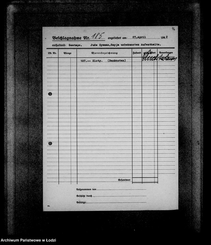 Obraz 20 z jednostki "Gestapo 1-200 [Kartoteka skonfiskowanego majątku ruchomego u Żydów]"