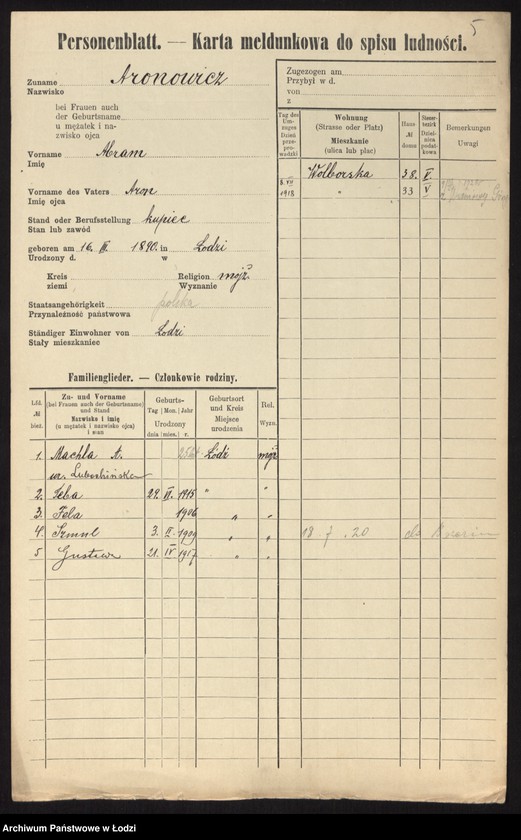 Obraz 7 z jednostki "[Spis ludności Łodzi] Aronowicz - Auerbach"