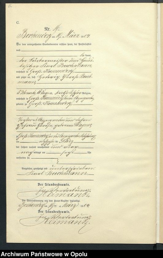 Obraz 20 z jednostki "Sterbe-Neben-Register des Standesamts Borkendorf pro 1904"