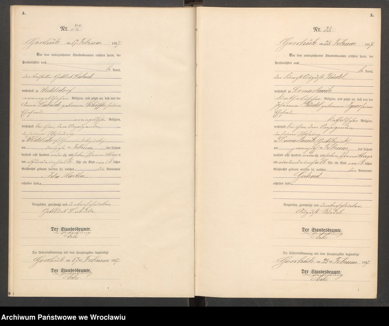 Obraz 14 z jednostki "księga urodzeń Urzędu Stanu Cywilnego w Goszczu (Goschütz) 1897"