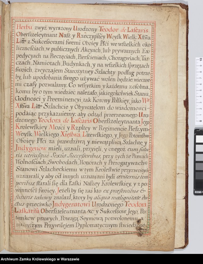 image.from.unit.number "Stanisław August król Polski etc... nadaje Teodorowi de Laskaris oberszter-lejtnantowi regimentu pieszego Wielkiego Księstwa Litewskiego indygenat, po uchwale sejmu 1766"