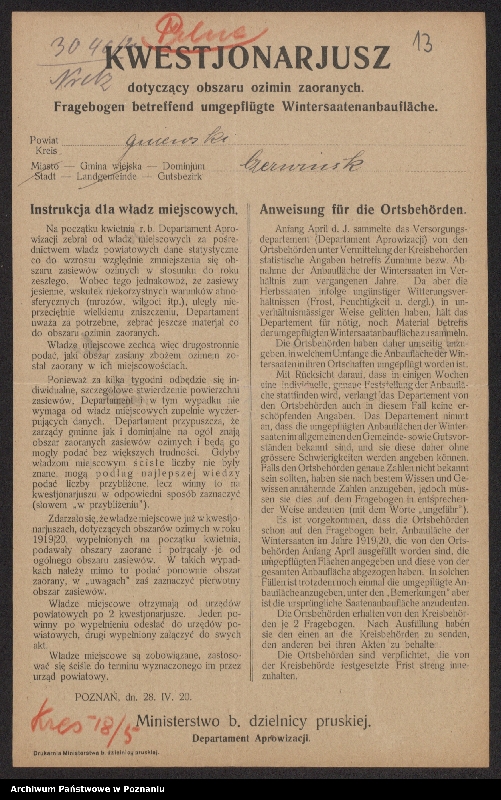 Obraz 15 z jednostki "[Kwestionariusze dotyczące obszaru ozimin zaoranych, powiat gniewski]"