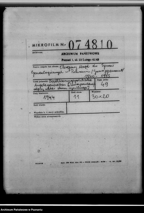 Obraz 2 z jednostki "Bevölkerungspolitische Angelegenheiten [korespondencja, odpisy aktów stanu cywilnego]"