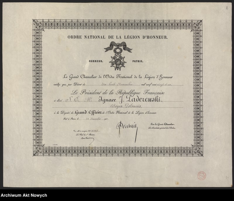 image.from.unit.number "Dyplom nadania Wielkiego Krzyża Legii Honorowej"