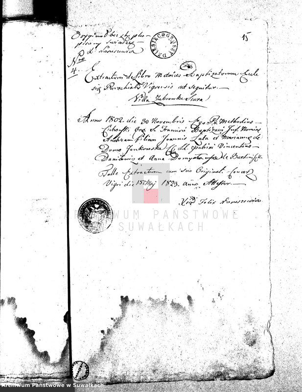 image.from.unit.number "Dowody służące do Aktów Małżeństwa Urzędnika Stanu Cywilnego Gminy Wigierskiey w Obwodzie i Woiewództwie Augustowskim na rok od 1-go Stycznia 1823 do ostatniego Grudnia tegoż roku."