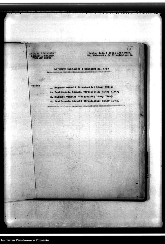Obraz 19 z jednostki "Dziennik zarządzeń i rozkazów Komendy Powiatowej Związku Strzeleckiego w Koninie"