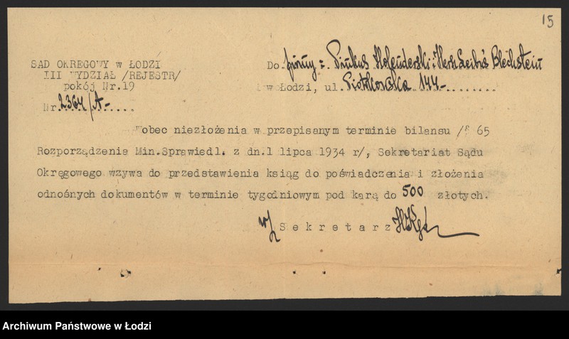 Obraz 17 z jednostki "Pinkus Holenderski, Hersz Leibus Blechstein- fabrykacja i sprzedaż wyrobów pończoszniczych"