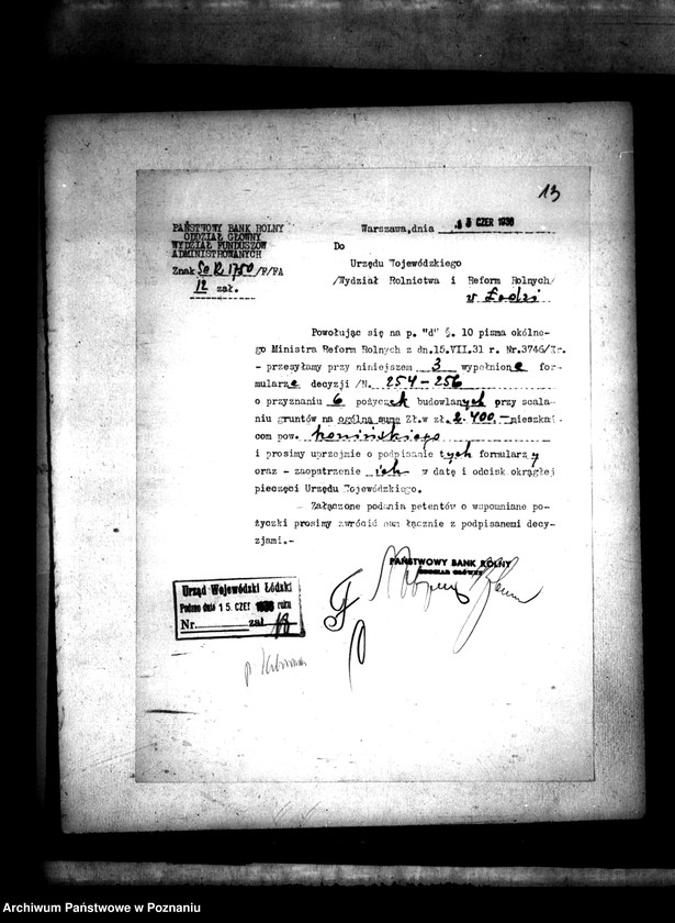 Obraz 16 z jednostki "Sprawa przyznania pomocy kredytowej uczestnikom scalenia gruntów wsi Świętniki powiatu konińskiego"